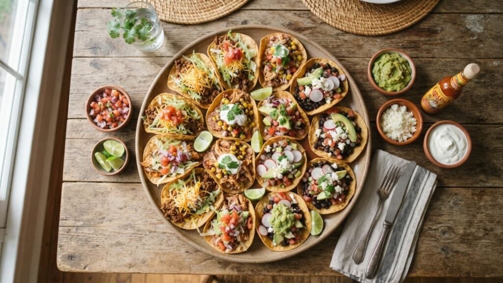 Assorted Taconadas with meat, beans, vegetables, and cheese.