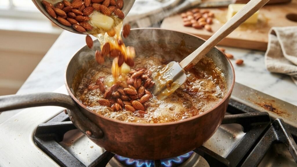 Toasted almonds mixed with caramel for Almond Nut Brittle