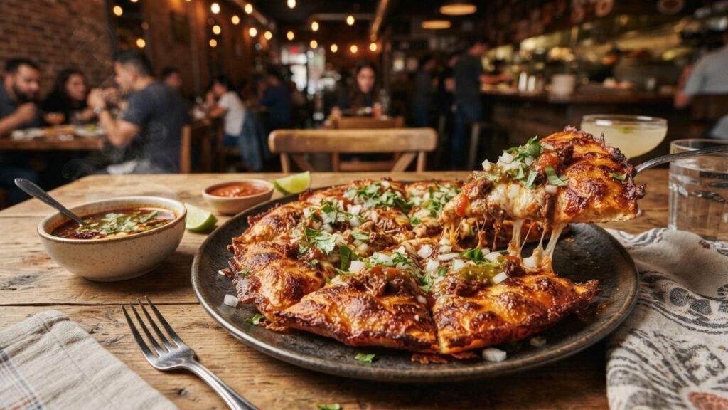 Crispy pizza with savory birria meat