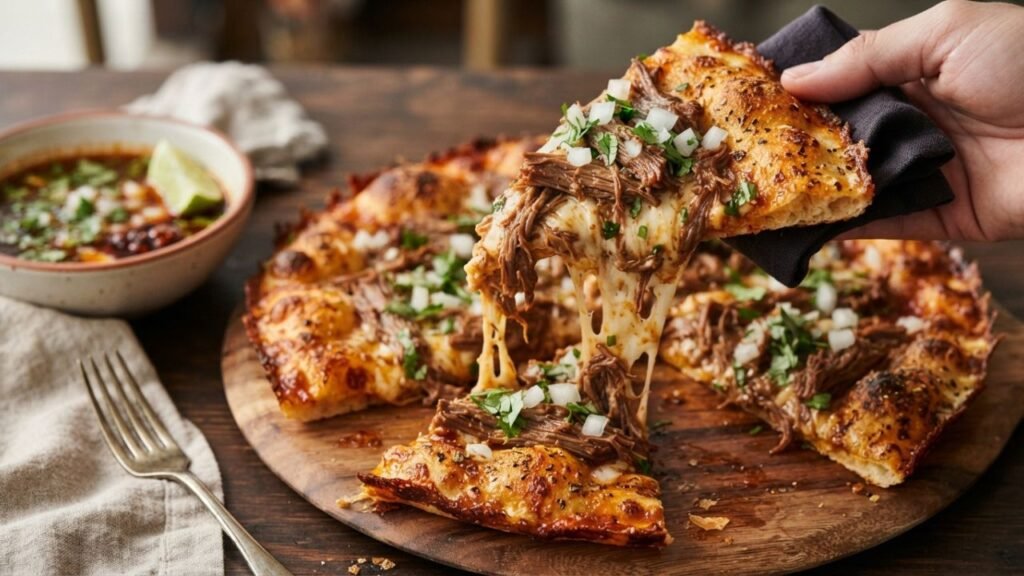 Crispy pizza crust with birria meat