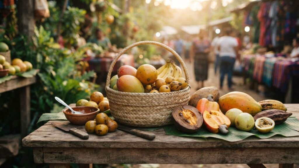 A rustic display of tropical fruits from El Salvador
