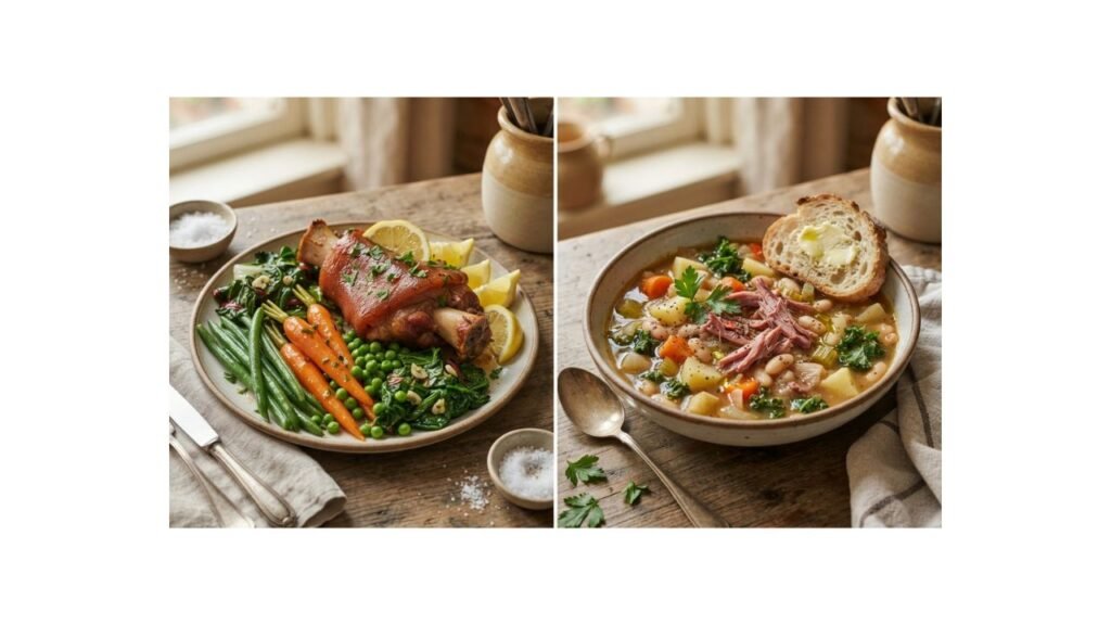 Fresh ham hocks with seasonal vegetables and leftover pork soup