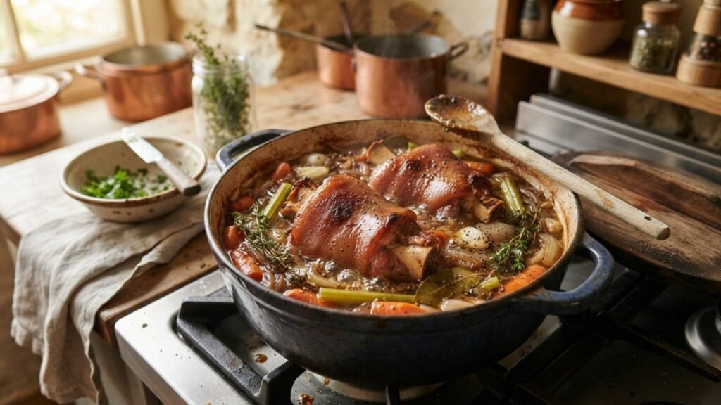Braised pork hocks with carrots and herbs.