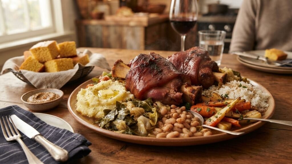 Braised ham hocks with potatoes greens and beans