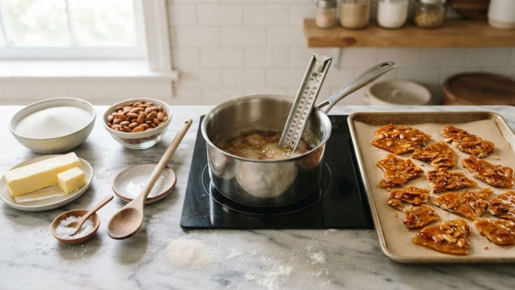 : Brittle with candy thermometer and almonds