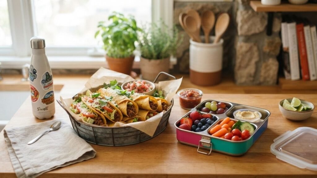 Homemade Taconadas served with fresh fruit and vegetables.