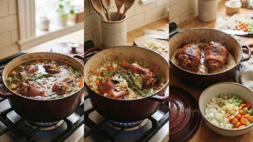 Ham hocks braising with vegetables and stock.