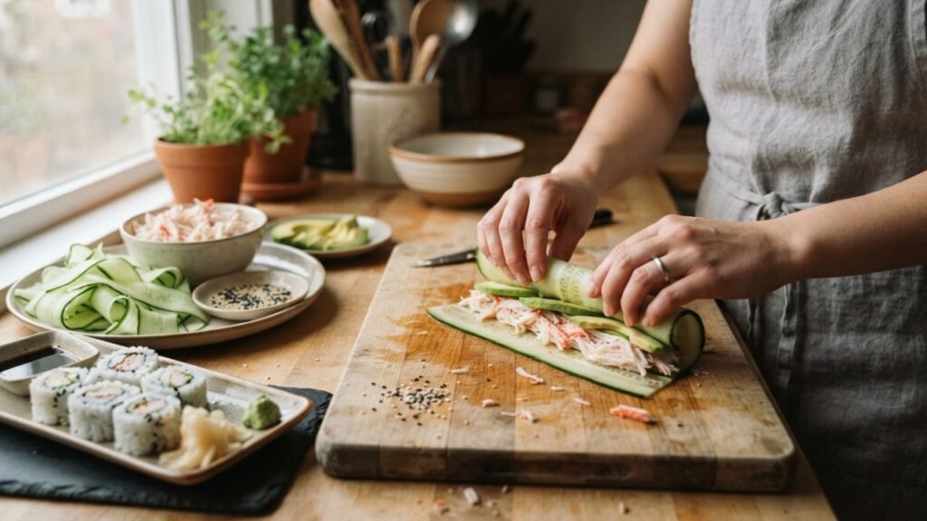 Preparing cucumber crab rolls