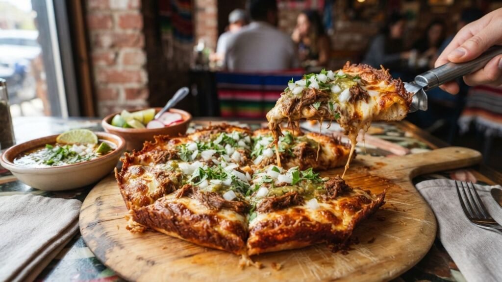 Quesabirria pizza with savory meat and cheese