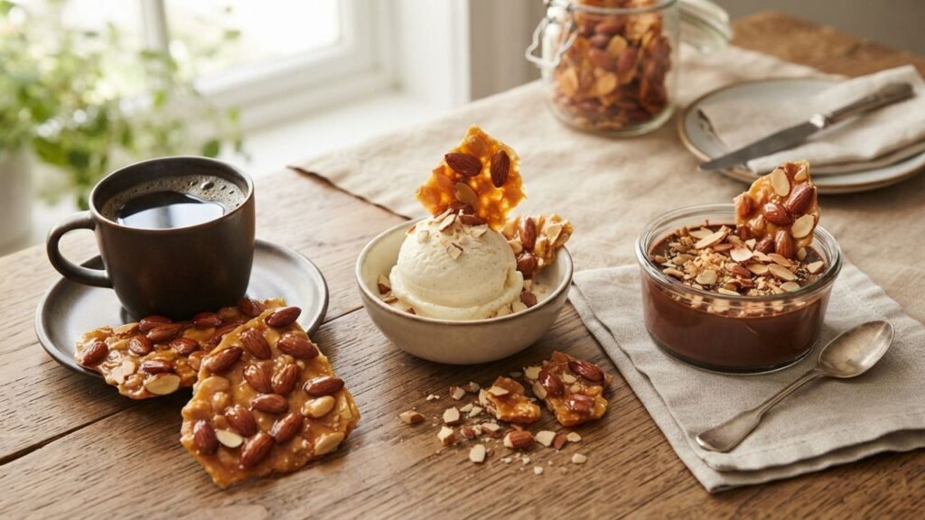 Brittle served with ice cream and coffee