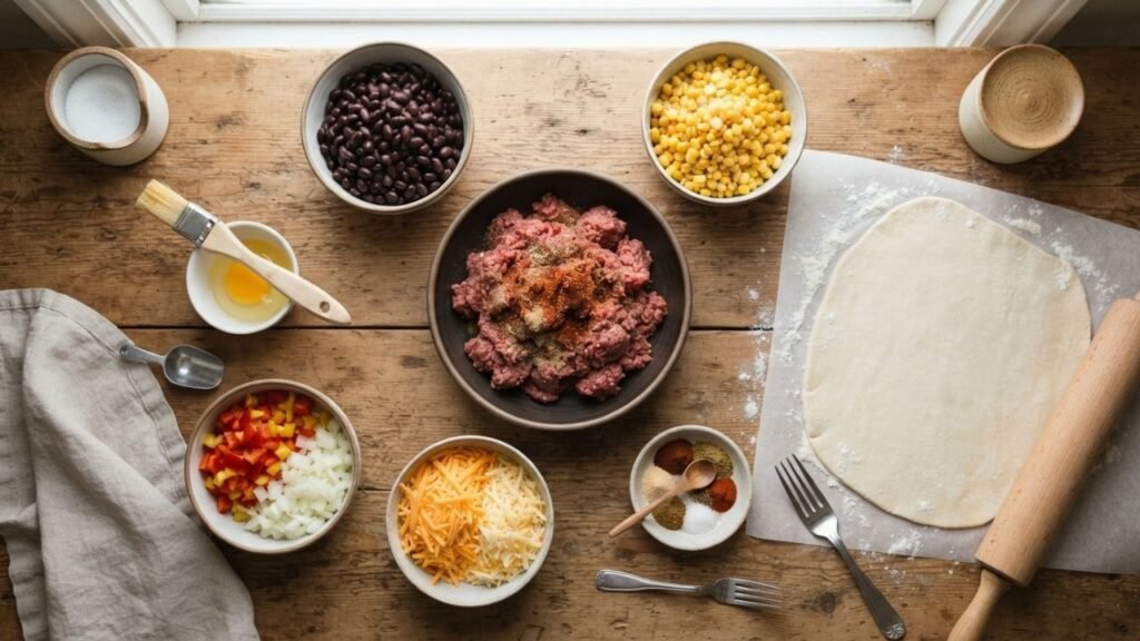  Ingredients for homemade Taconadas with beef, beans, corn, and cheese.
