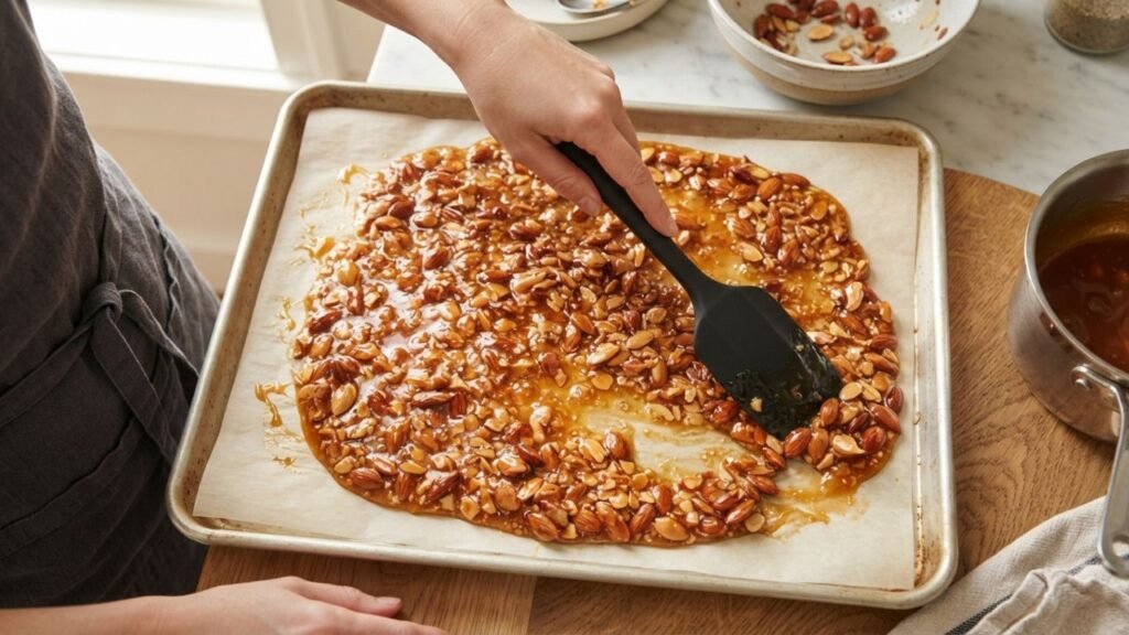 Fresh Almond Nut Brittle spread thin on parchment