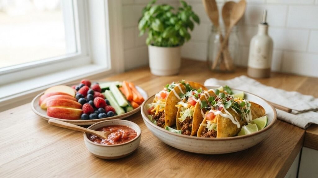 Taconadas served with fruit and fresh vegetables.