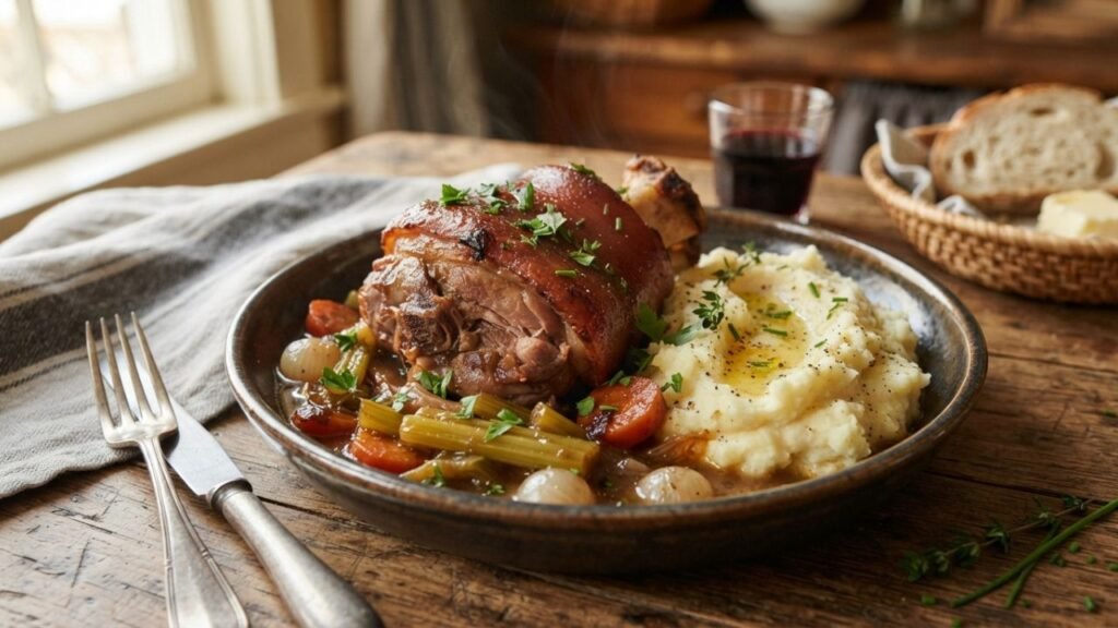 Slow-braised pork hocks served with vegetables and savory broth