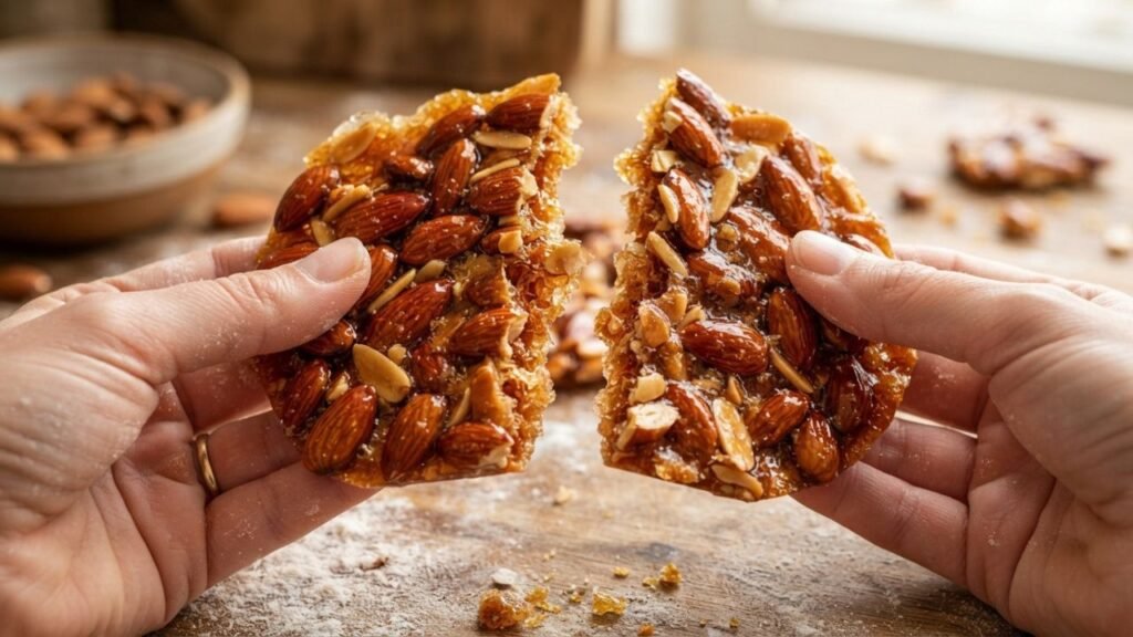 Almond Nut Brittle breaking with a clean crisp snap