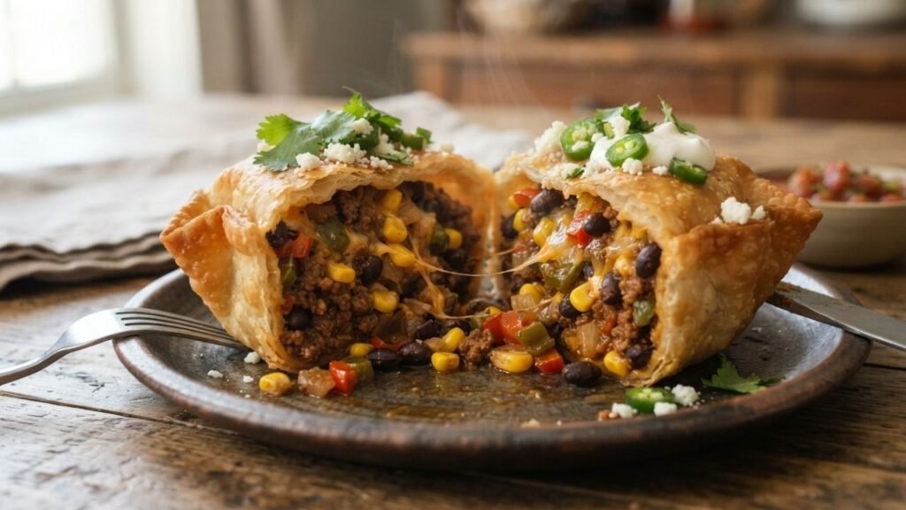 Taconada filled with beef, beans, corn, and cheese.